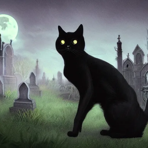 Prompt: an ultradetailed animation of a black cat in graveyard at midnight halloween tattoo, digital art, dark fantasy, concept art, soulslike, by alphonse mucha, blood moon eclipse, ruined building in the background, artstation, 8 k, unreal engine render