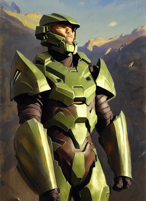 Image similar to Greg Manchess painting of a Corgian wearing Forerunner Armor from Halo, countryside, calm, fantasy character portrait, dynamic pose, above view, sunny day, artwork by Jeremy Lipkin and Giuseppe Dangelico Pino and Michael Garmash and Rob Rey, very coherent asymmetrical artwork, sharp edges, perfect face, simple form, 100mm