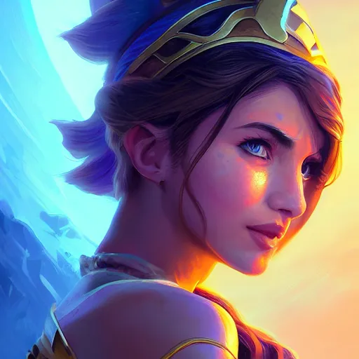 Image similar to Portrait of Ana de Armas as Athena, a full powered goddess, shining eyes, fiery menacing face, mattepainting concept Blizzard pixar maya engine on stylized background splash comics global illumination lighting artstation lois van baarle, ilya kuvshinov, rossdraws