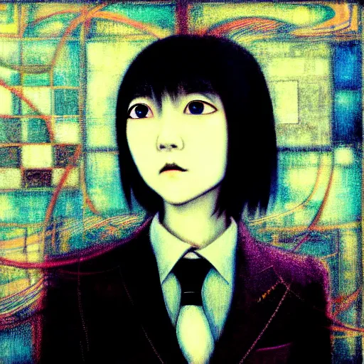 Image similar to yoshitaka amano blurred and dreamy realistic three quarter angle portrait of a young woman with short hair and black eyes wearing office suit with tie, junji ito abstract patterns in the background, satoshi kon anime, noisy film grain effect, highly detailed, renaissance oil painting, weird portrait angle, blurred lost edges