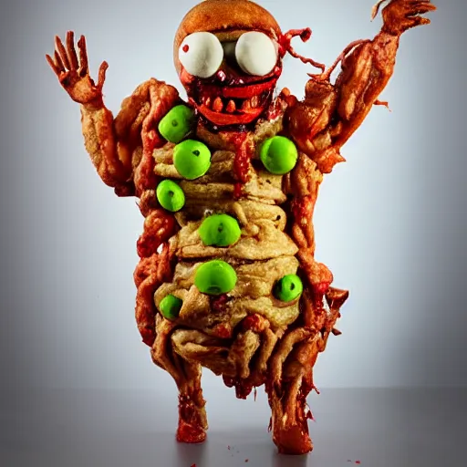 Image similar to a humanoid bipedal upright zombie that strongly resembles a hamburger, professional food photography