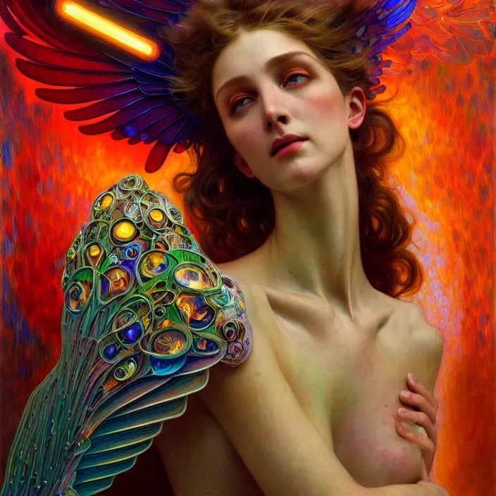 Image similar to bright psychedelic portrait of organic cyborg holding wings, diffuse lighting, fantasy, intricate, elegant, highly detailed, lifelike, photorealistic, digital painting, artstation, illustration, concept art, smooth, sharp focus, art by John Collier and Albert Aublet and Krenz Cushart and Artem Demura and Alphonse Mucha