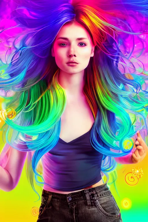 Image similar to a award winning half body portrait of a beautiful woman with stunning eyes in a croptop and cargo pants with rainbow colored ombre hairstyle head in motion and hair flying by thomas danthony, surrounded by whirling illuminated liquids, outrun, vaporware, shaded flat illustration, digital art, trending on artstation, highly detailed, fine detail, intricate