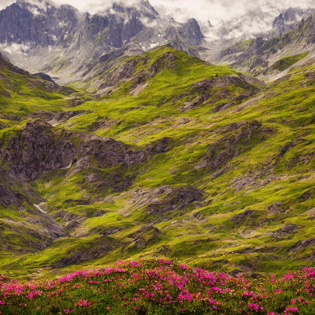 Image similar to valley of flowers with high and small monoliths, humans, renaissance, film grain, high detailed,