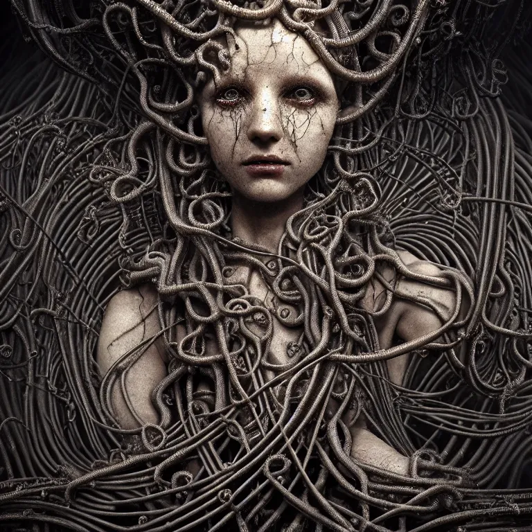 Prompt: ribbed abandoned closeup face portrait of an angel on exoplanet, covered with tentacles, roots, wires, tubes, baroque painting, standing in a desolate empty wasteland, creepy, nightmare, dream-like heavy atmosphere, surreal abandoned buildings, beautiful detailed intricate insanely detailed octane render trending on Artstation, 8K artistic photography, photorealistic, chiaroscuro, Raphael, Caravaggio, Beksinski, Giger