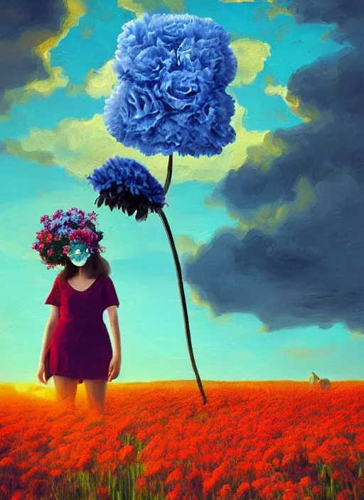 Image similar to woman with a giant carnation as a face, flower field, surreal photography, sunset dramatic light, impressionist painting, colorful clouds, blue sky, digital painting, artstation, simon stalenhag