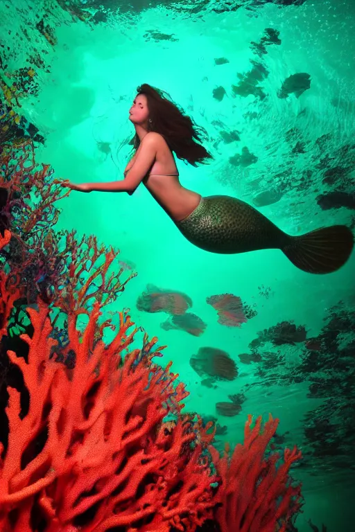 Prompt: beautiful mermaid swimming through bioluminescent algae coral reefs by dang my linh