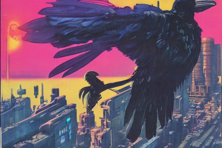 Prompt: 1979 OMNI Magazine Cover of a raven rogue. in cyberpunk style by Vincent Di Fate