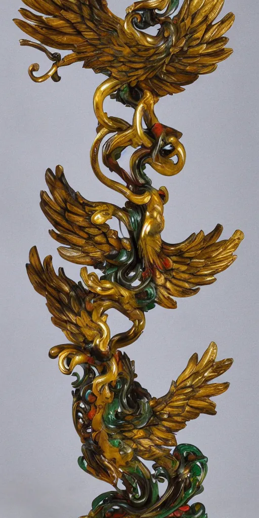 Image similar to baroque wood and gold phoenix sculpture with jade veins