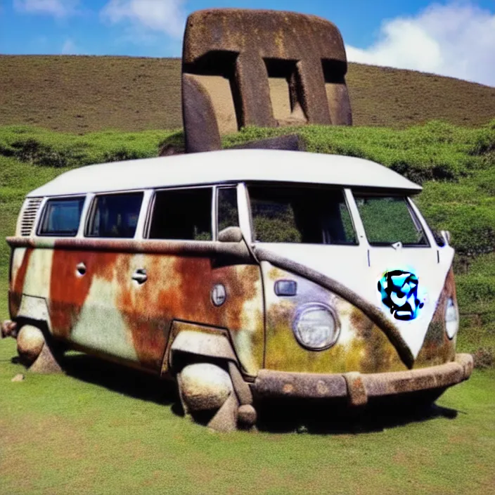 Image similar to ancient vw bus made of stone, moai from rapa nui style