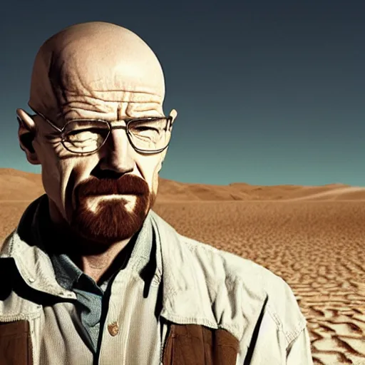 Image similar to walter white in the desert, female face, feminine face, pretty face, beautiful face, intricate details, full body, makeup