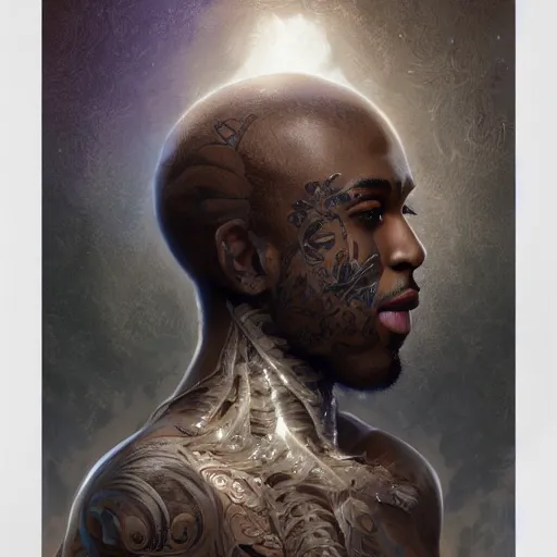 Image similar to a light skinned black man, short hair, photographer, using a macbook, happy, creative, fantasy digital painting, stunning intricate details, artwork by ross tran and greg rutkowski