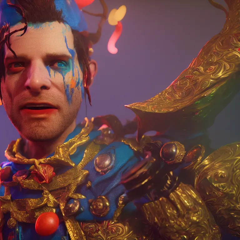 Prompt: a cinematic shot of man wearing jester costume, colorful, octane render, volumetric lighting, nvidia raytracing demo, by Andy Thomas, Mario Martinez, Daniel Mirante, Gustave Dore, Artstation, CGsociety, masterpiece