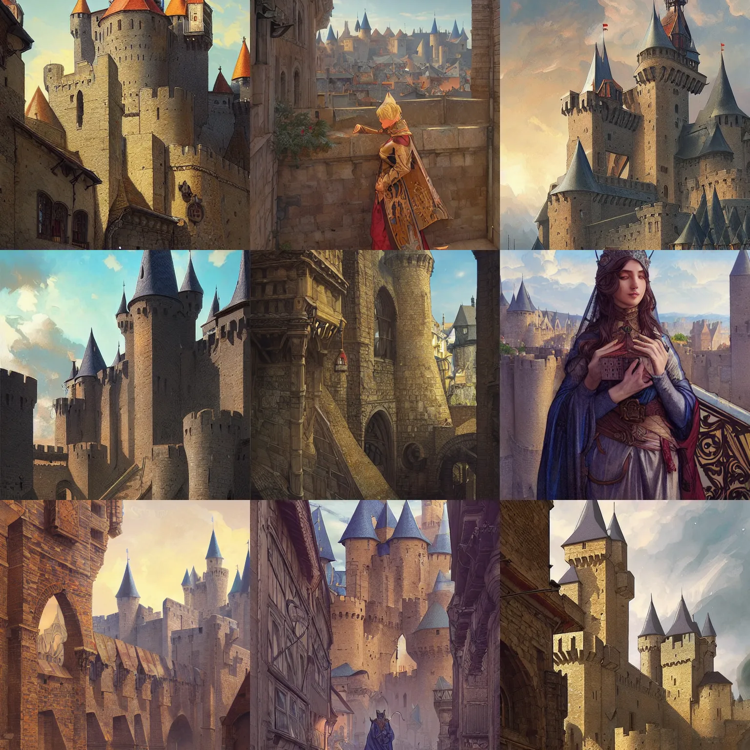 Prompt: long shot, medieval city of carcassonne, digital art, intricate, highly detailed, digital painting, artstation, concept art, sharp focus, illustration, art by artgerm and greg rutkowski and alphonse mucha