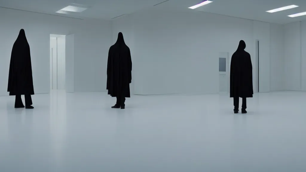 Image similar to grim reaper in a white empty room, film still from the movie directed by Denis Villeneuve with art direction by Salvador Dalí, wide lens