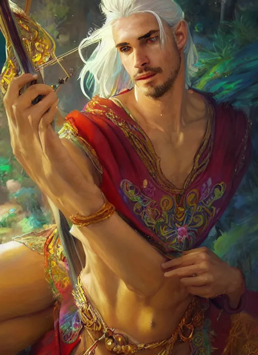 Prompt: a beautiful detailed painting of a gypsy male bard in colorful rainbow firion ornate robes robes, pale skin, white hair, yellow eyes, master of dreams art by jon foster trending on artstation painted by greg rutkowski, painted by stanley artgerm