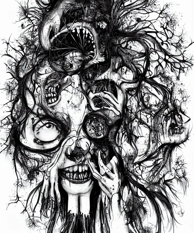 Image similar to black and white illustration, creative design, body horror, monster