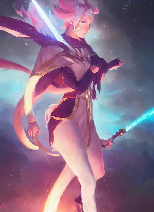 Prompt: a female space mage, star guardian inspired, perfect art, trending on pixiv, painted by greg rutkowski, akihiko yoshida, yuumei, soft light, warm colors, cinematic color grading, realistic, artgerm