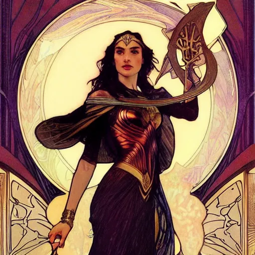 Prompt: gal gadot portrait by louis - theophile hingre and alphonse mucha, realistic, sharp focus, zodiac signs, tarot cards, planets, ethereal, art nouveau, magic, moon, sun, crown, dreamy, royal, jewellery