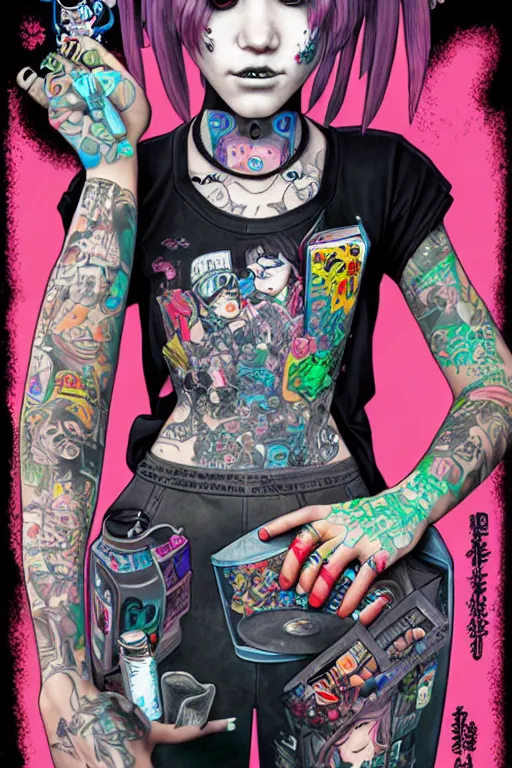 Image similar to full view, from a distance, of anthropomorphic trashcan full of trash, who is cyberpunk girl with tattoos, style of yoshii chie and hikari shimoda and martine johanna, highly detailed