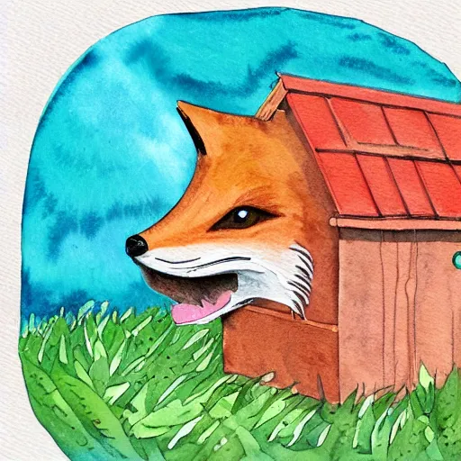 Image similar to fox in a hen house, watercolor illustration,