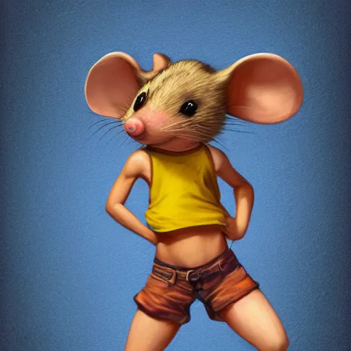 Image similar to anthropomorphic mouse wearing denim short shorts and yellow tank top, highly detailed, artgerm style, artstation, soft light, sharp focus, illustration, character design, concept art