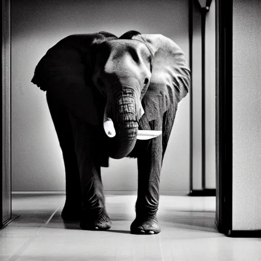 Image similar to photo of elephant staying in the empty office, black & white by annie leibovitz