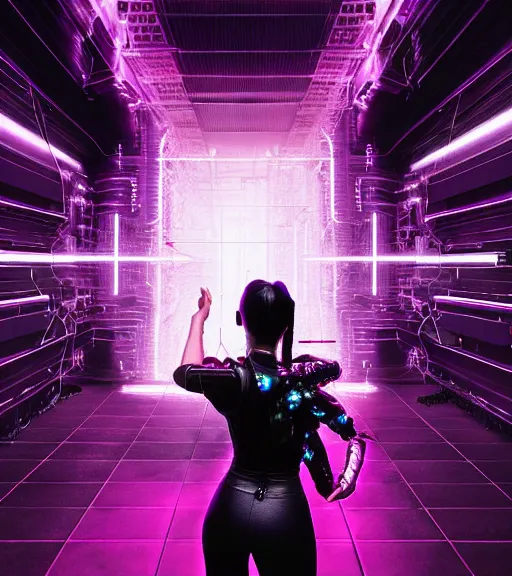 Image similar to back shot, looking away from viewer, woman with black ponytail in sci - fi leather armor, purple, by dariusz zawadzki, kenneth blom, mental alchemy, james jean, pablo amaringo, naudline pierre, intricate, contemporary art, glitch, neon color palette, hyper detailed, rendered in octane