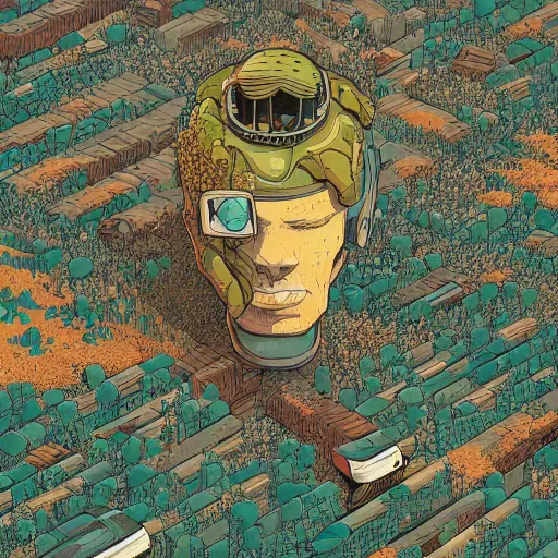 Image similar to hyper detailed comic illustration of a giant half buried robot head being reclaimed by nature , by Josan Gonzalez and Geof Darrow, isometric aerial view, highly detailed, 8k wallpaper