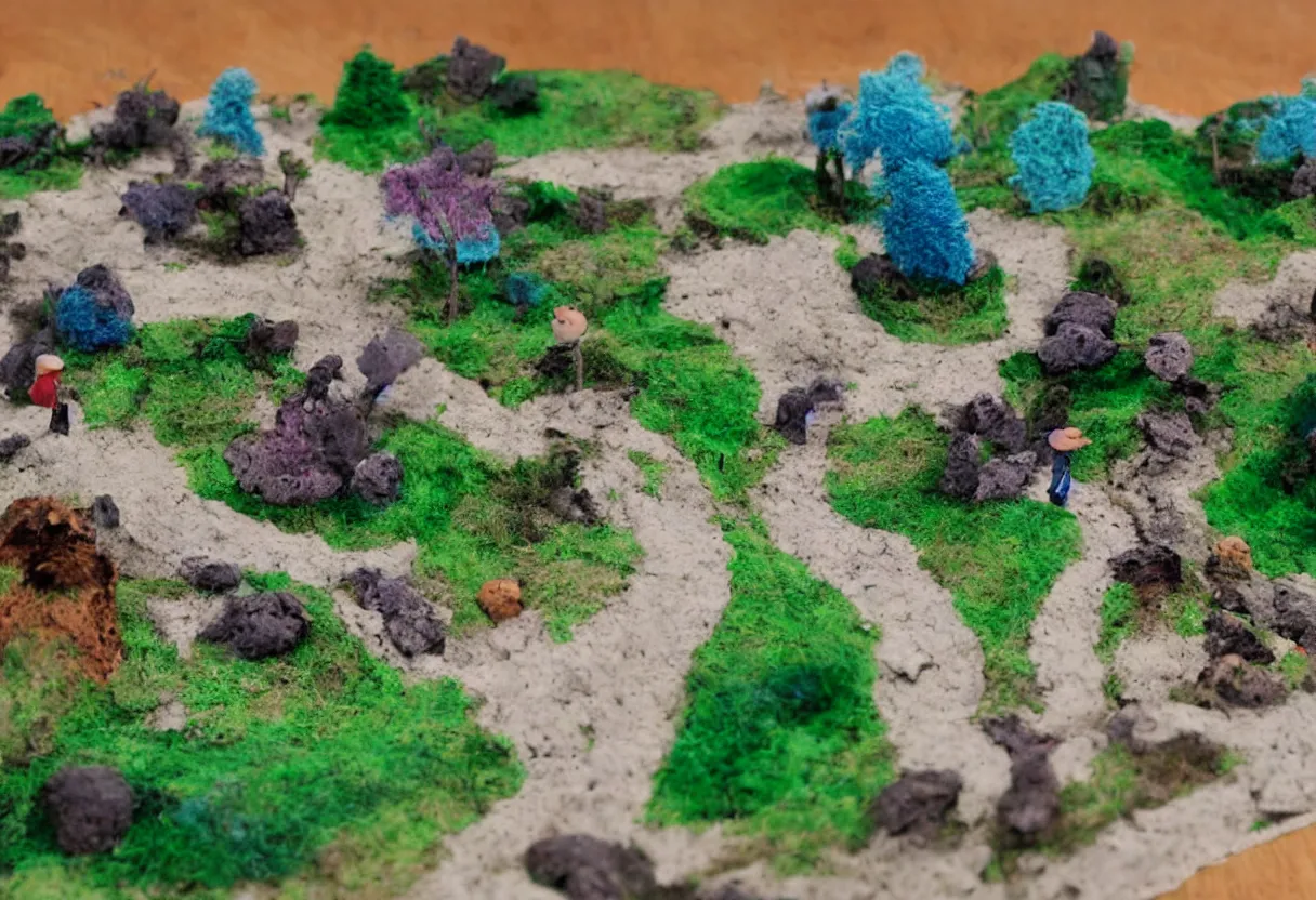 Image similar to claymation landscape, miniature stop motion