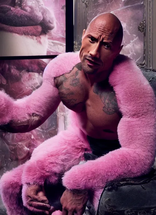 Image similar to dwayne johnson as pink panther styled by nick knight posing in an expensive mansion setting, vogue magazine, highly realistic. high resolution. highly detailed. dramatic. 8 k. 4 k.