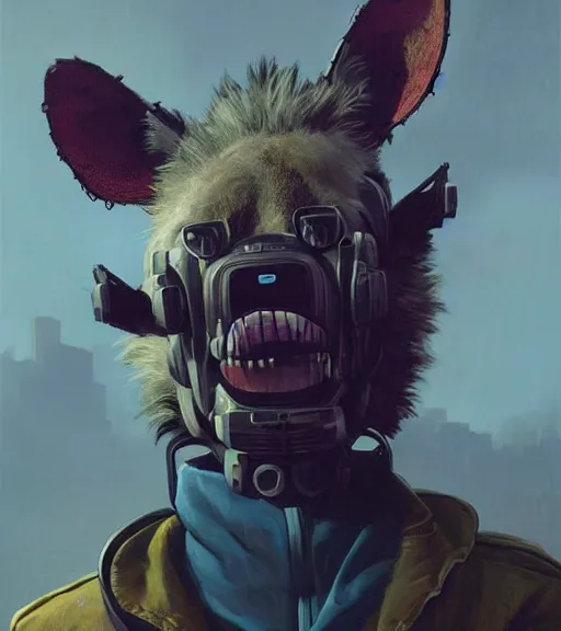 Image similar to new york city portrait of furry anthro anthropomorphic spotted hyena head animal person fursona wearing clothes strange cybernetic muzzle gloomy rainy screenshot from the video game cyberpunk 2077 digital art by Greg Rutkowski, Simon Stalenhag, christopher nolan trending on Artstation, CGSociety