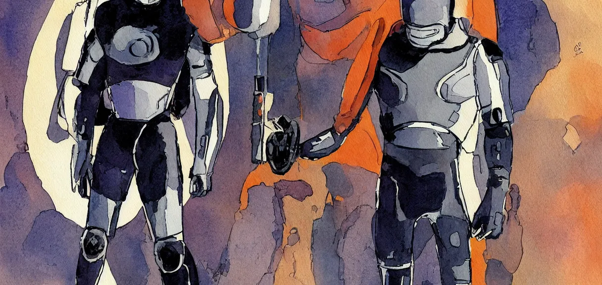 Prompt: male, full body!!!!!!, space suit with a modern helmet, large shoulders, short torso, long thin legs, tiny feet, character sheet, science fiction, very stylized character design, watercolor digital painting, by mike mignola, by alex maleev, jean giraud, painted by leyendecker