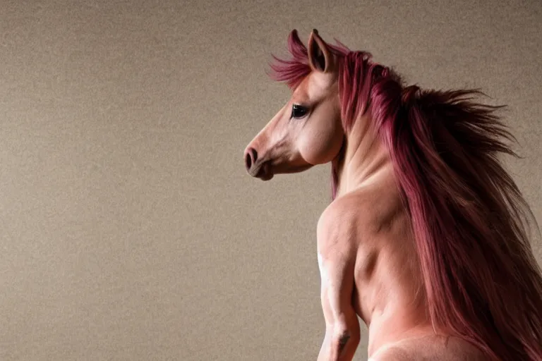 Image similar to Pinkie Pie equine, view from behind, pony facing away, professional photography and mood lighting, equine photo, sitting down, flowing mane and tail, relaxed expression