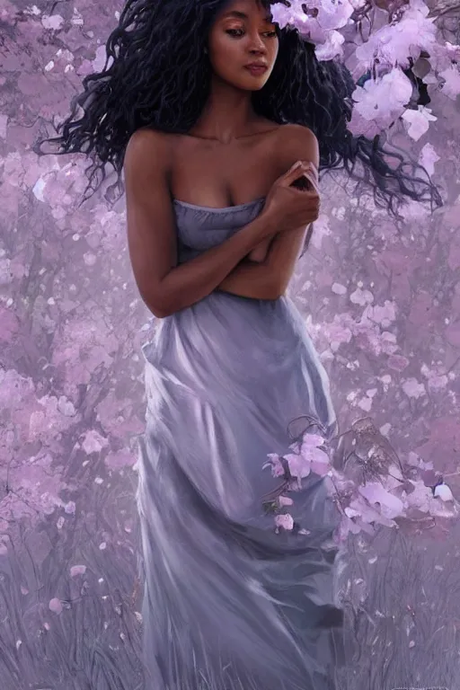 Image similar to ultra realistic illustration, black american girl with flowers blossoming from her hair, standing seductively, wearing night dress, night time, moonlight, snowy, volumetric lighting, elegant, highly detailed, digital painting, concept art, smooth, sharp focus, illustration, art by artgerm and greg rutkowski and alphonse mucha