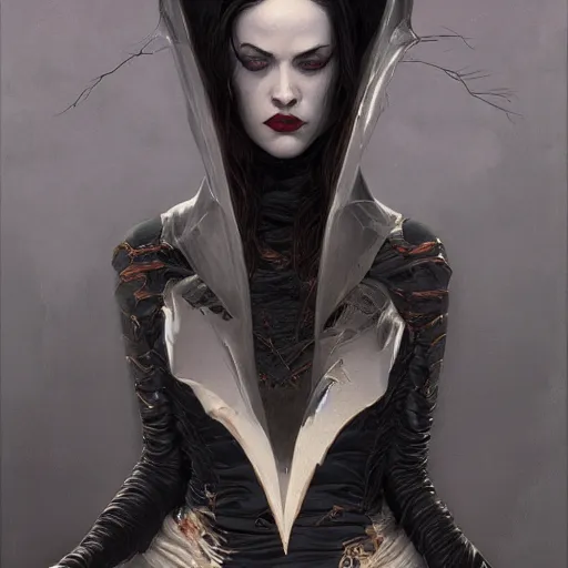 Image similar to portrait of a lady vampire, digital painting, ominous, sharp, detailed, photorealistic, high definition, 4k, artstation, donato giancola, Greg Rutkowski, matthew benedict, character design