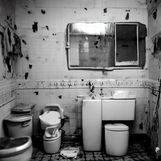 Image similar to a wide angle 3 5 mm film photography of a dirty cluttered bathroom somewhere in eastern europe, evocating a feeling of child wonder and endless possibilities