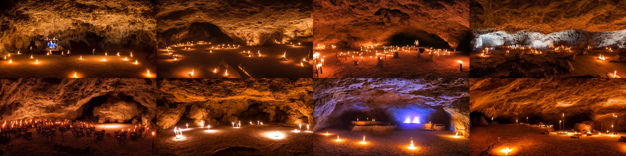 Prompt: amphitheater inside a cave, lit by torch lights, surrounded by tiki torches