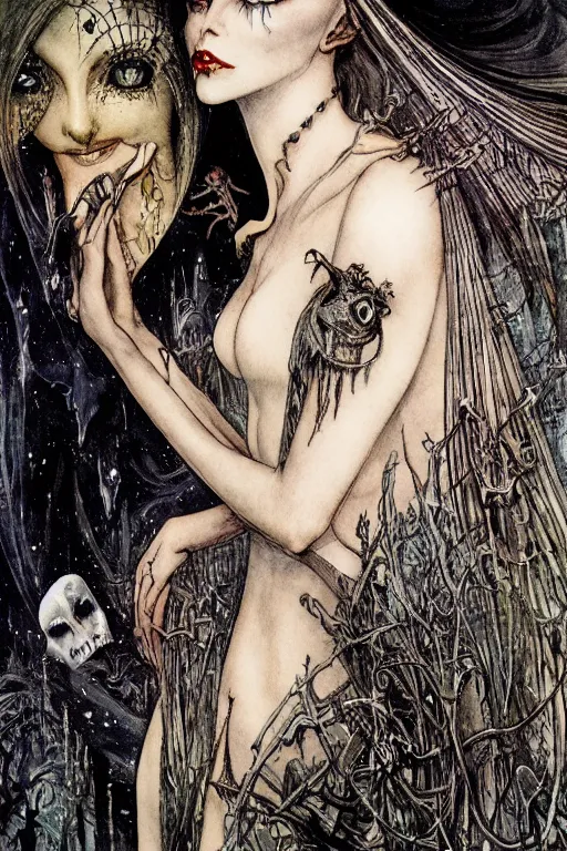 Image similar to dark vampire queen closeup face surrounded by bats, art by luis royo and walter crane and kay nielsen, watercolor illustration,