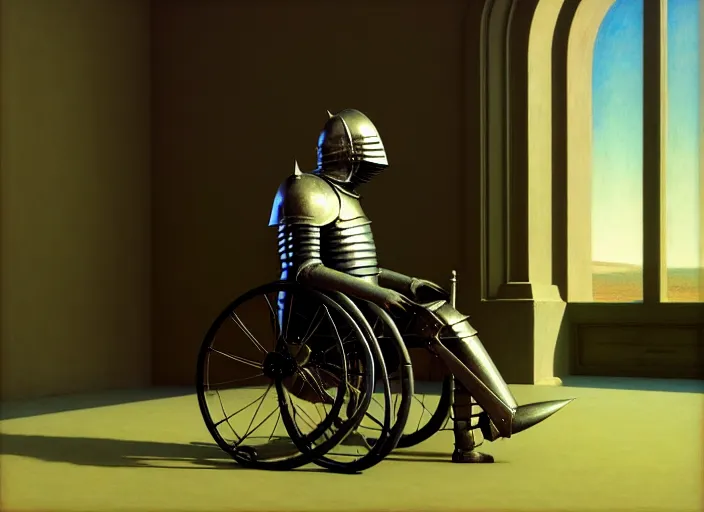 Image similar to knight in armor in a wheelchair do tricks, minsk, highly detailed, soft lighting, elegant, works by edward hopper and james gillard, zdislaw beksinski, stephen outram, andreas m wiese, highly detailed, masterpiece. rendered in blender, smooth shadows, ultra detail, high resolution, unreal 6, 8 k