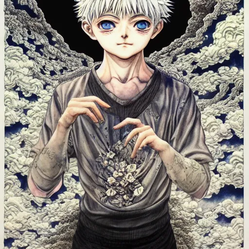 Prompt: beautiful killua zoldyck painted in jacek yerka aykut aydogdu and leslie zhang style drawn by vania zouravliov and takato yamamoto, intricate acrylic gouache painting, high detail, sharp high detail, artstation, manga and anime, crying, revenge