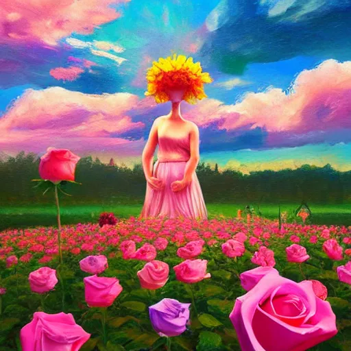 Prompt: giant rose flower as a head, full body girl sitting in a flower field, surreal photography, sunrise, dramatic light, impressionist painting, colorful clouds, digital painting, artstation, simon stalenhag