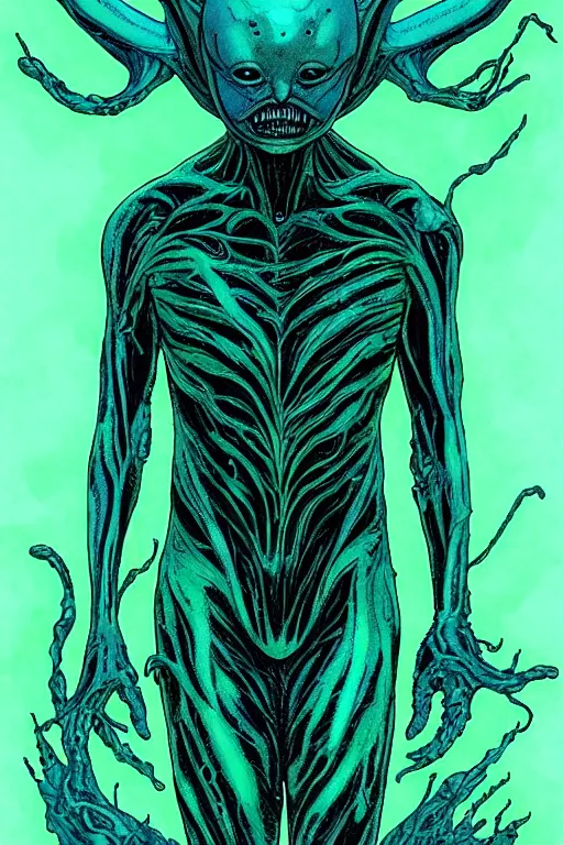 Image similar to Alien, with transparent skin, visible internal, looks like sea creatures, luminous body, floating in the void like the watcher marvel comics or dc comics guardians mixed with swamp thing. Artstyle like alexander mcqueen, anthony chong jones, yoji Shinkawa, Marc Simonetti, Mike Mignola, jae lee, Marc Silvestri, Todd mcfarlane+ full body image with head, Symmetry, dark illustration, cinematic unreal engine, hypermaximalist, symmetrical, detailed, intricate ink illustration, 8k, HD