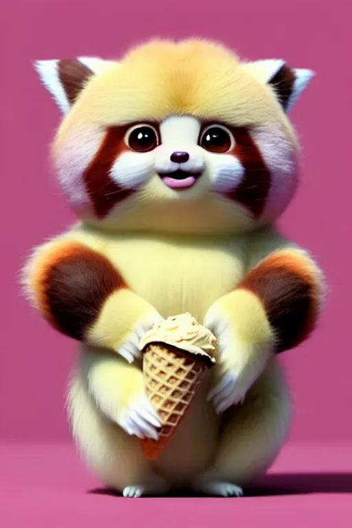 Prompt: high quality 3 d render hyperrealist very cute pastel fluffy! red panda & tarsier hybrid suspicious eating giant ice cream, vray smooth, in the style of detective pikachu, hannah yata, very dramatic light, low angle, uhd 8 k, shallow depth or field