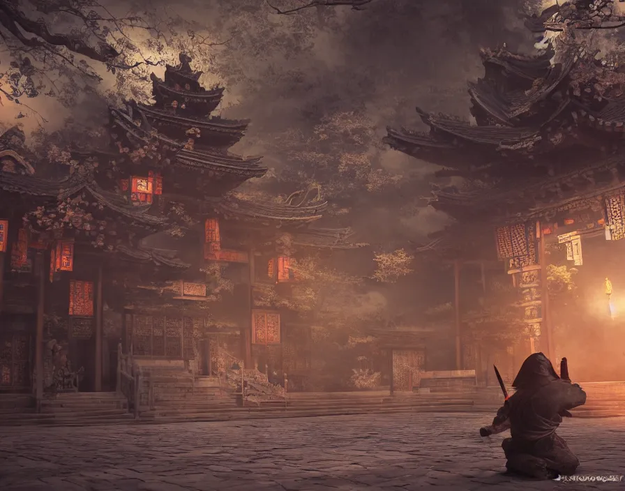 Image similar to shadow ninja in old asian temple, beautiful texture, beautiful graphics, fantasy artwork, very beautiful scenery, hd, hdr, ue 5, ue 6, unreal engine 5, cinematic 4 k wallpaper, 8 k, ultra detailed, by popular digital, details, beautiful image ever created, high resolution, artstation, award winning