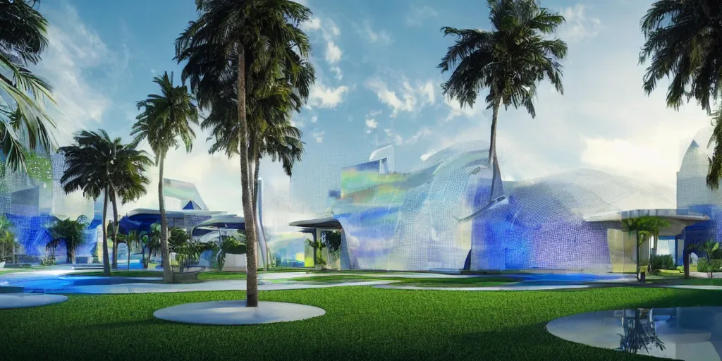 Image similar to futuristic translucent iridescent mosque exterior, hive power architecture, lush lawn, palm trees, by Buckminster Fuller and photo by denis villeneuve , inspired by Mining by Risa lin on art station