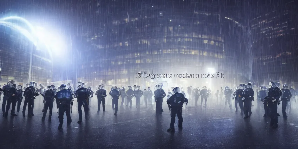 Image similar to a lot of policemen protect a huge spiral - shaped luminous object right in the center of the city from protesting people, night, rain and light fog, professional lighting, concept art in 3 d, high detail, professional lighting