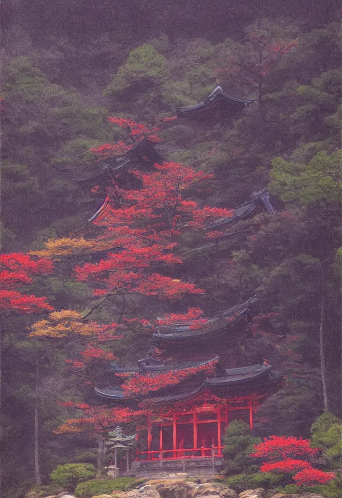 Prompt: a japanese temple in the mountain. gorgeous nature. yokai walking around, lofi, vivid colors, amazing light, by jeremy lipkin, by claude monet, heavily inspired by makoto shinkai, kandinsky touches, inspired by ghibli, masterpiece, multiple brush strokes, impressionist style, high contrast