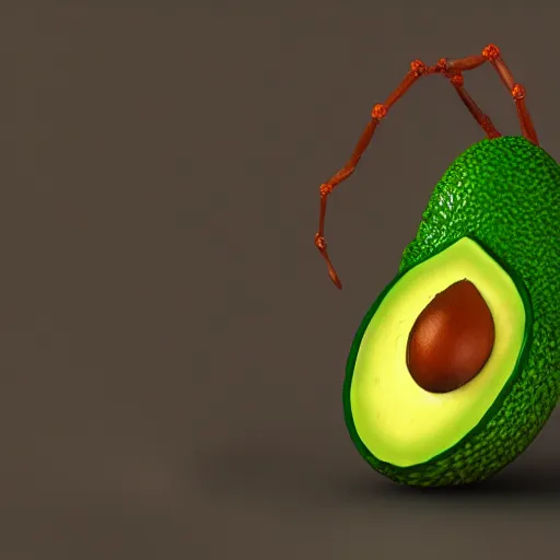 Image similar to photorealistic 3 d render of an avocado spider with lazer eyes