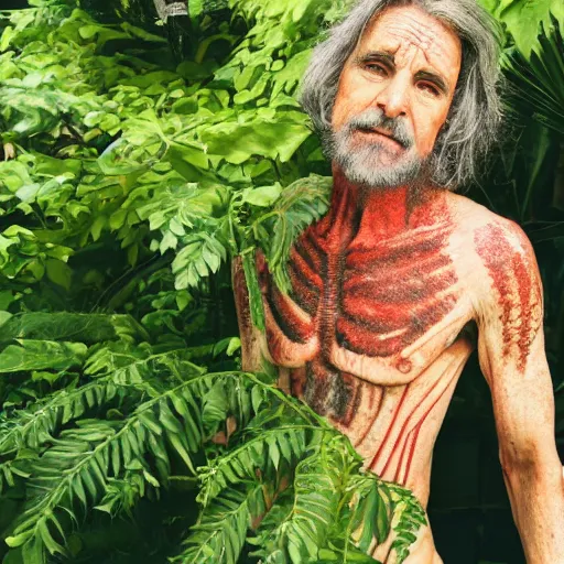 Prompt: a photo of a human with skin made of plants